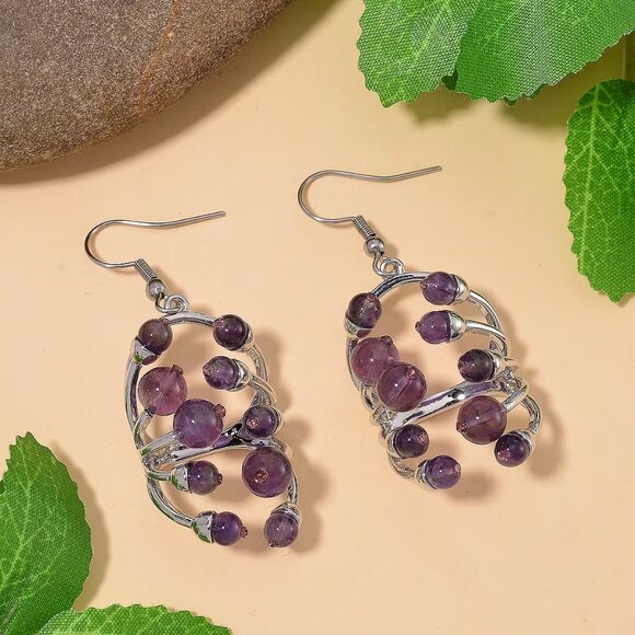 African Amethyst and Purple Austrian Crystal Earrings in Silvertone - Picture 2 of 3